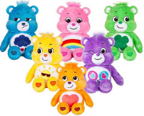 Care Bears 9in plush toys in blue, pink, green, yellow, purple, and orange with unique expressions and colorful belly badges.