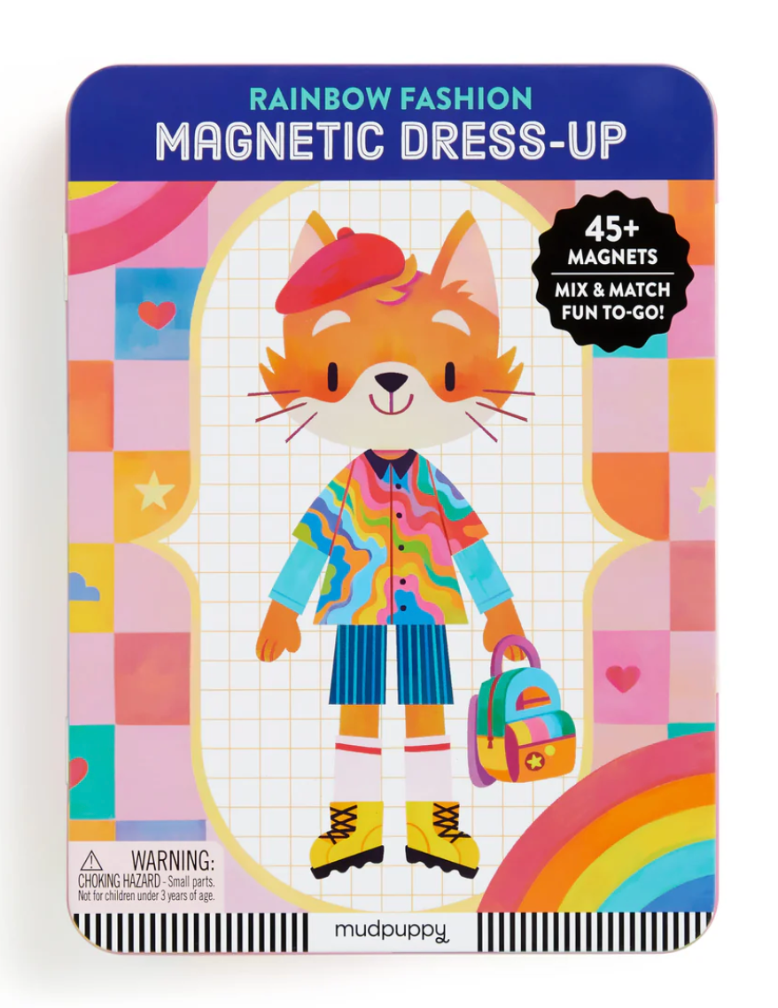 Magnetic Rainbow Fashion Tin featuring colorful mix-and-match magnetic dress-up for creative kids ages 4 and up.