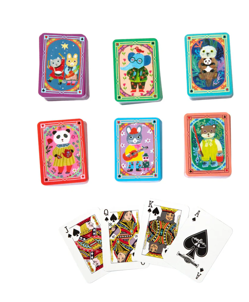 Tiny Playing Cards showing colorful animal-themed decks and classic spade face cards in a small size perfect for kids.