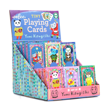 Display of Tiny Playing Cards by Yumi Kitagishi featuring colorful animal illustrations in small, laminated decks.