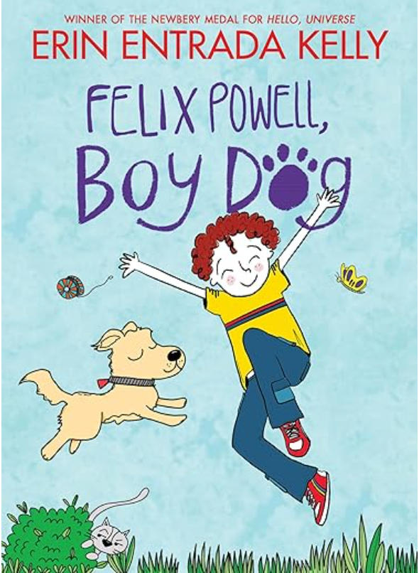 Felix Powell, Boy Dog book cover showing a joyful boy and playful dog with a cat in the grass under a blue sky.