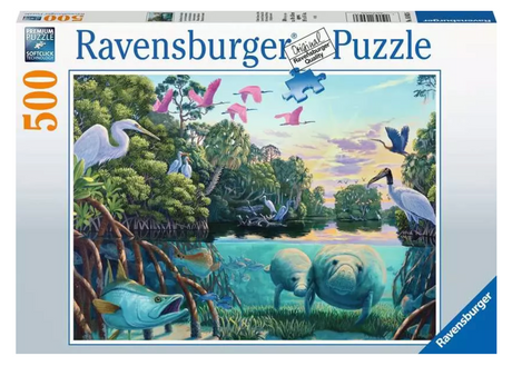 500pc Manatee Moments Puzzle featuring vibrant manatees and birds in a serene aquatic habitat by Robert Johnson.