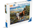 500pc Loving Longhorns Puzzle featuring a mama cow, papa bull, and calf in a scenic Texas landscape with cacti and flowers.