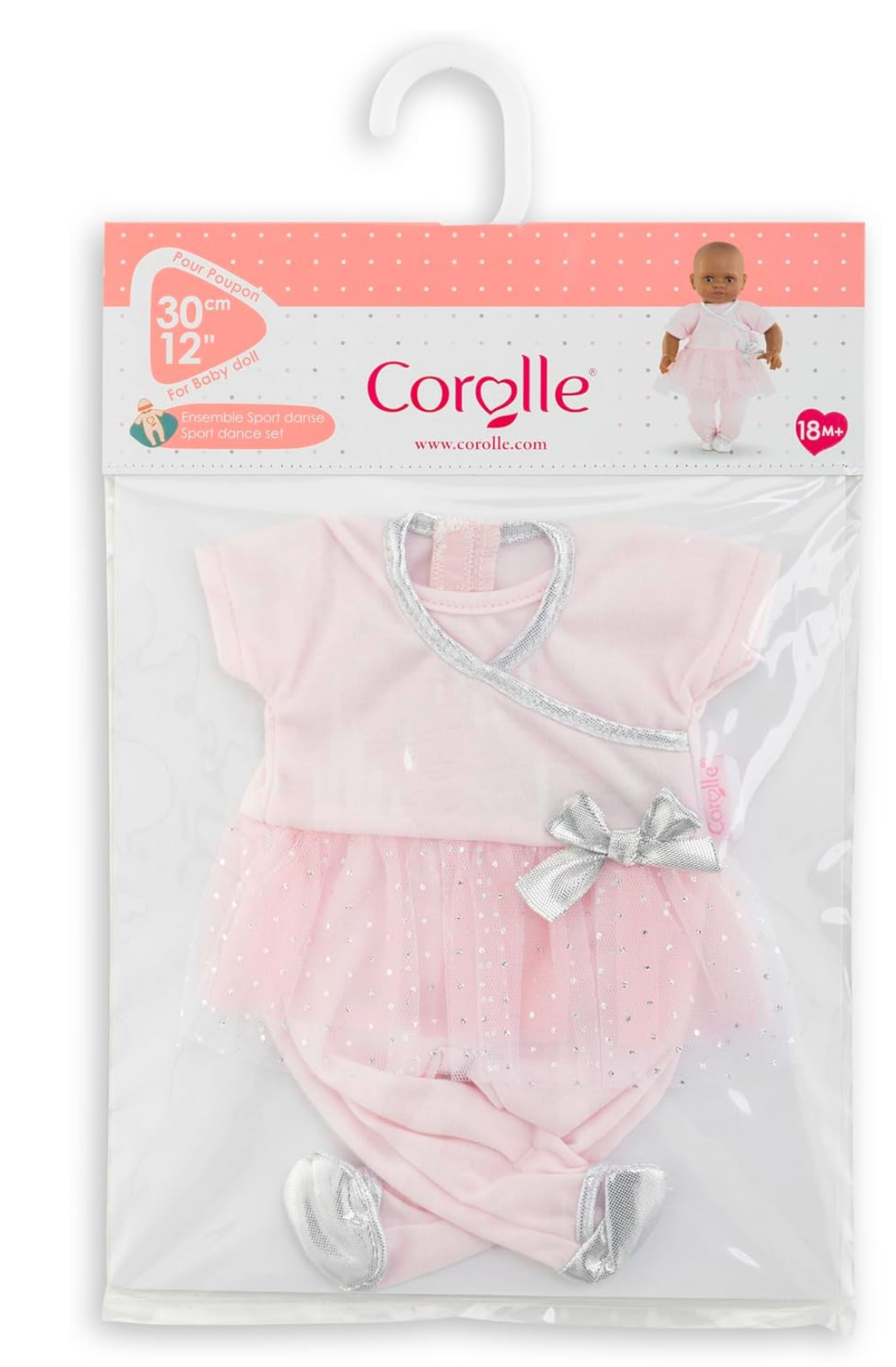 12in Sport Dance Set in pink with silver trim and bow for 12-inch baby dolls, easy to dress and remove.