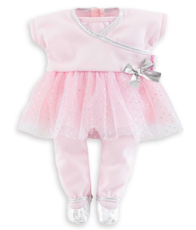 12in Sport Dance Set in soft pink with silver trim and sparkly tulle skirt for 12-inch dolls, easy to put on and take off.