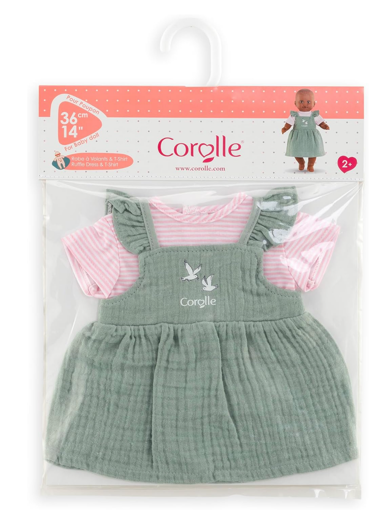 12in Pink Loire Riverside Dress with ruffle trim and striped T-shirt for 12-inch Corolle baby doll play.