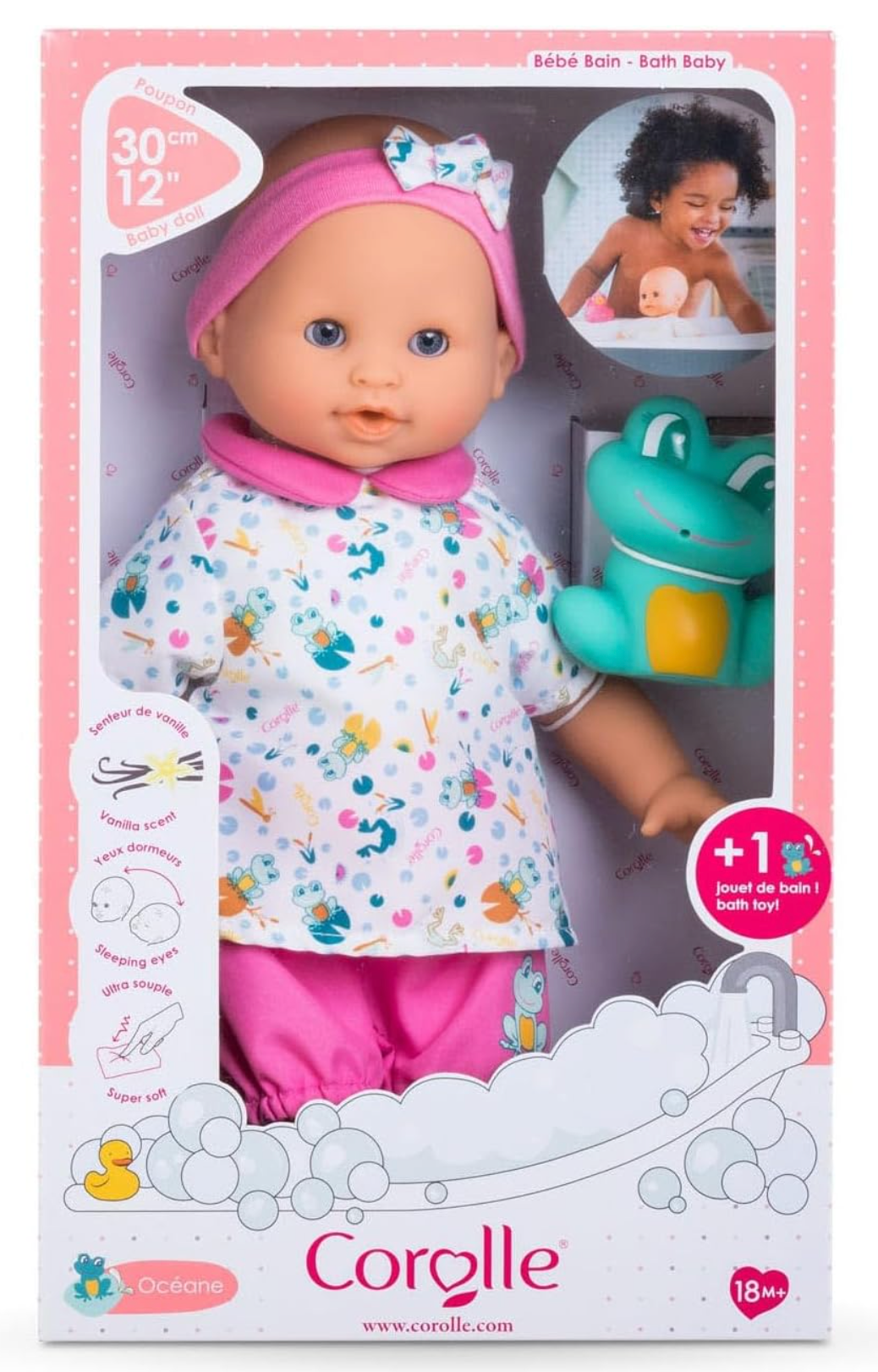 Bath Baby Oceane doll in colorful outfit with pink headband and bath toy, perfect for water play and cuddling.