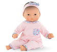 Calin Mila baby doll in pink floral outfit with headband, soft vinyl limbs, and cuddly poseable body.