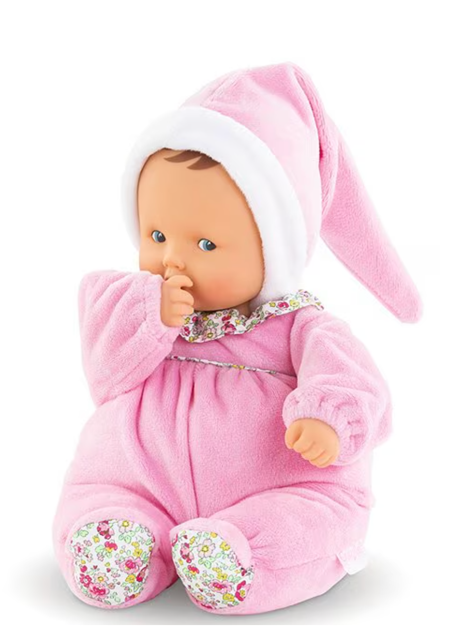Babipouce Blossom Garden doll in pink outfit with soft fabric and realistic vinyl face, perfect for babies to cuddle.