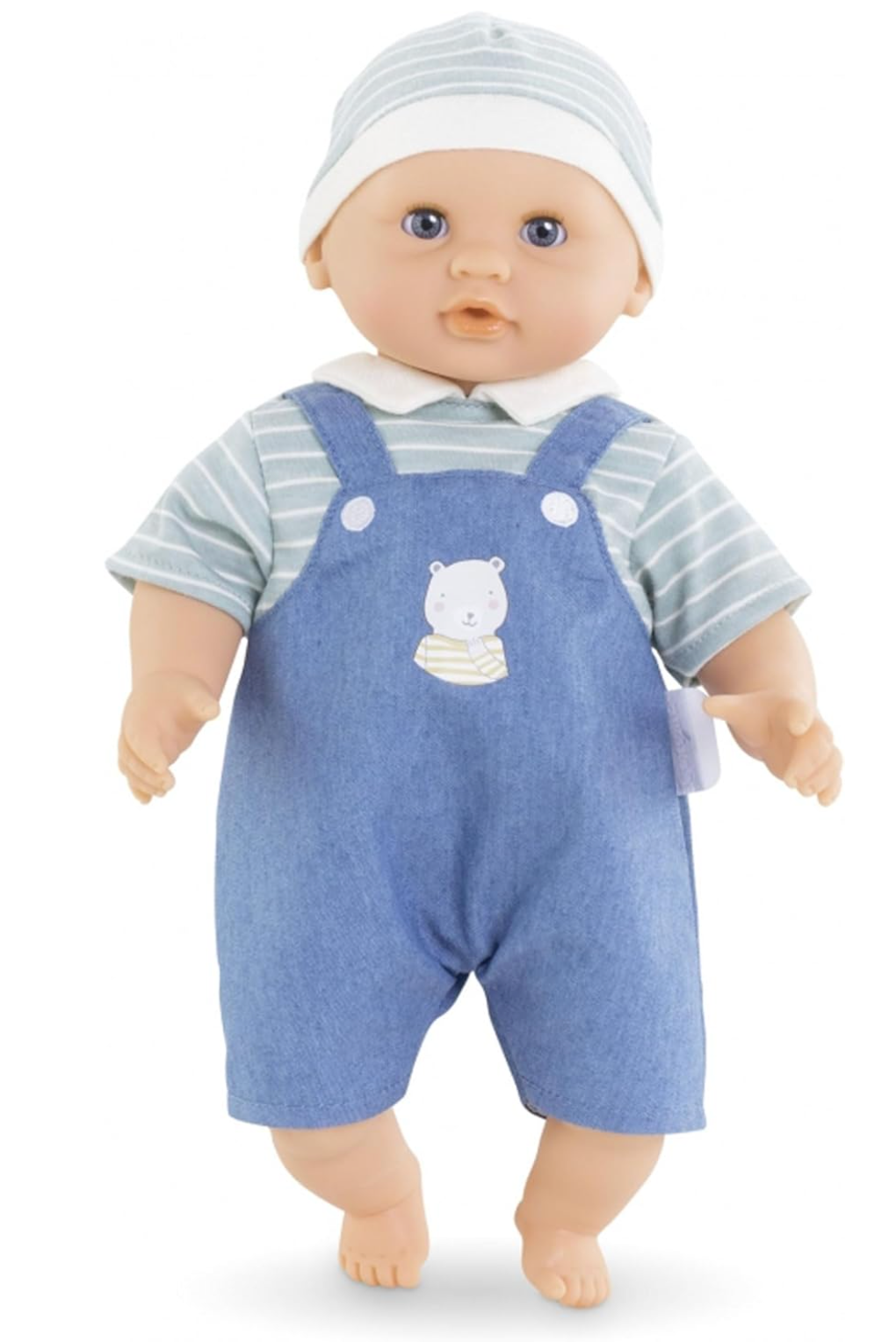 Calin Mael baby doll wearing blue overalls and striped shirt, soft vinyl head and limbs, ideal for cuddling.