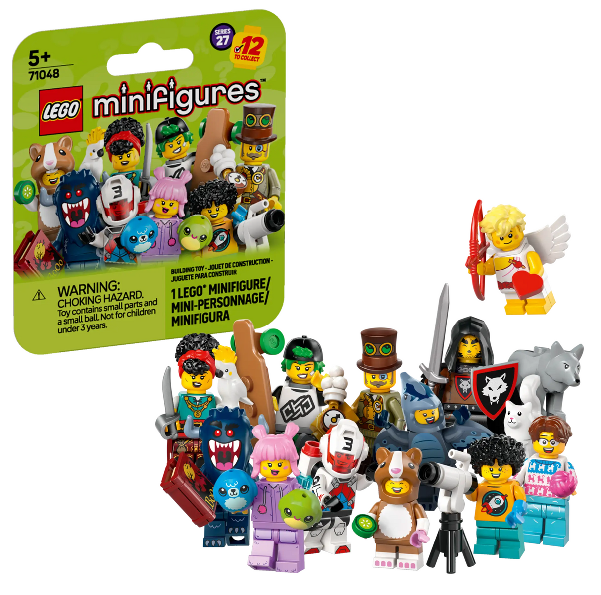 LEGO Minifigures Series 27 with 12 surprise collectible characters including Wolfpack Beastmaster and Cupid.