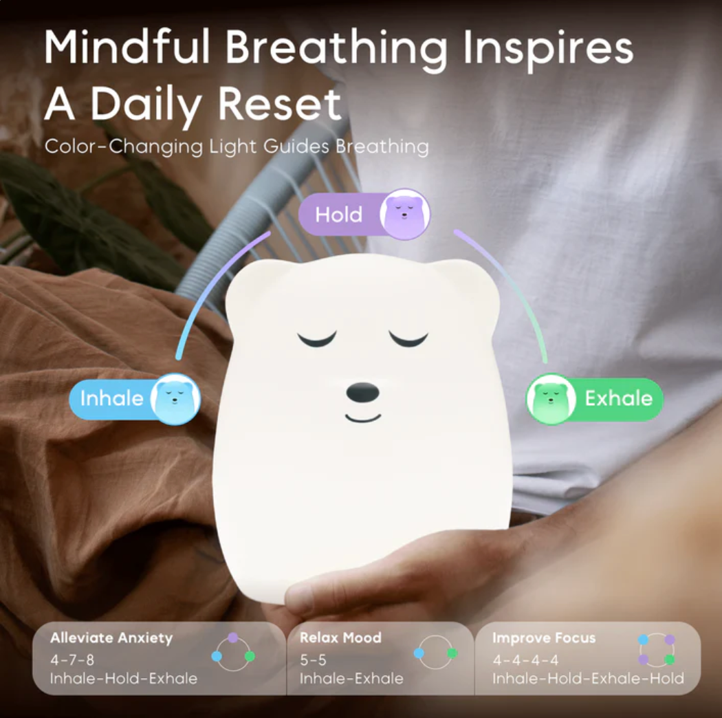 Breathing Pal | Ted the Bear with color-changing light guiding inhale, hold, and exhale for calming and focus exercises.