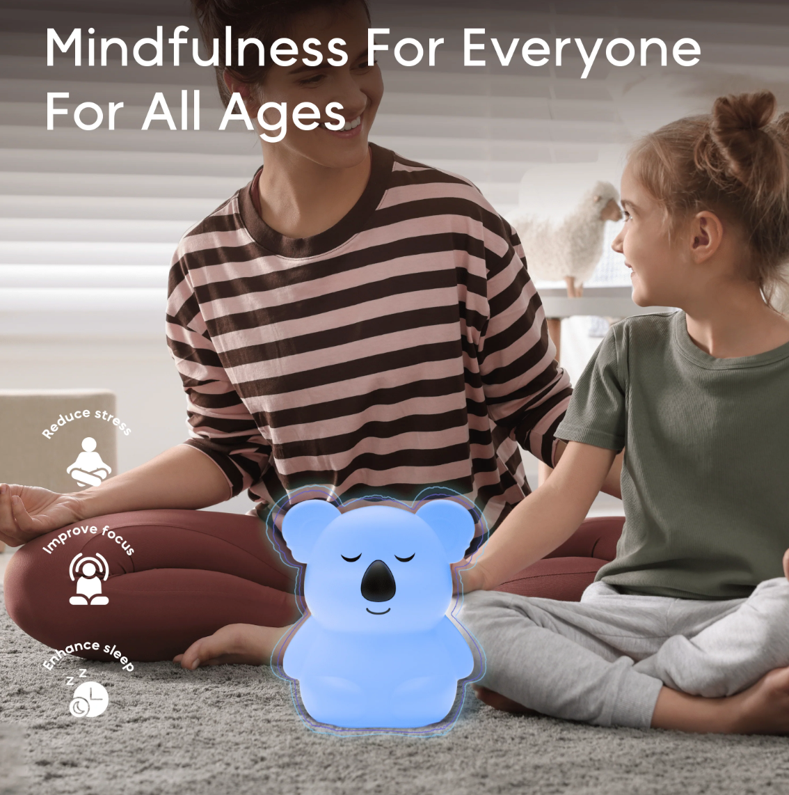 Breathing Pal | Kyle the Koala glowing softly as a child and adult practice mindfulness together at home.