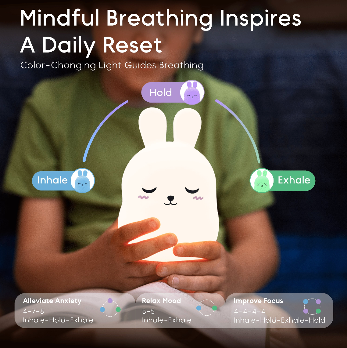 Breathing Pal | Bonnie the Bunny held by child, color-changing light guiding mindful breathing techniques.