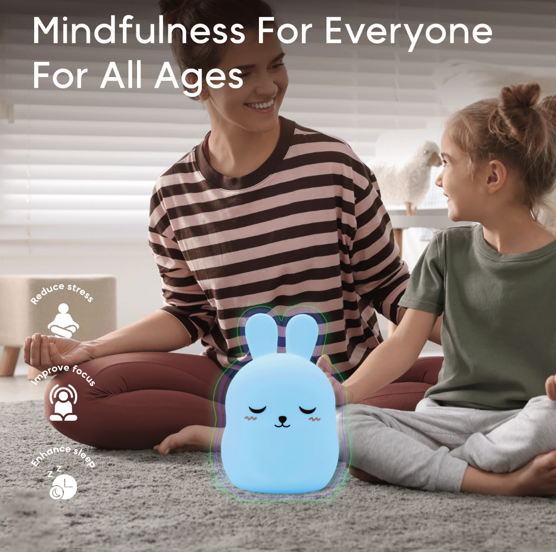 Breathing Pal | Bonnie the Bunny calming device glowing blue beside smiling woman and child meditating on carpet.