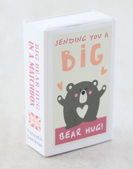 Big Bear Hug Matchbox featuring a cute bear illustration and the message Sending You A Big Bear Hug on the cover.