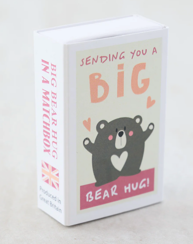 Big Bear Hug Matchbox featuring a cute bear illustration and the message Sending You A Big Bear Hug on the cover.