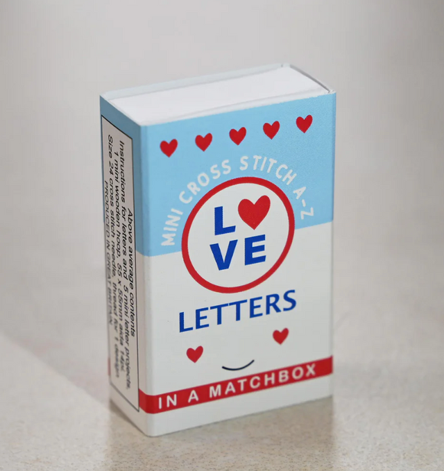 Love Cross Stitch Matchbox with mini kit, hearts, and letters for beginners and experts in a compact box.