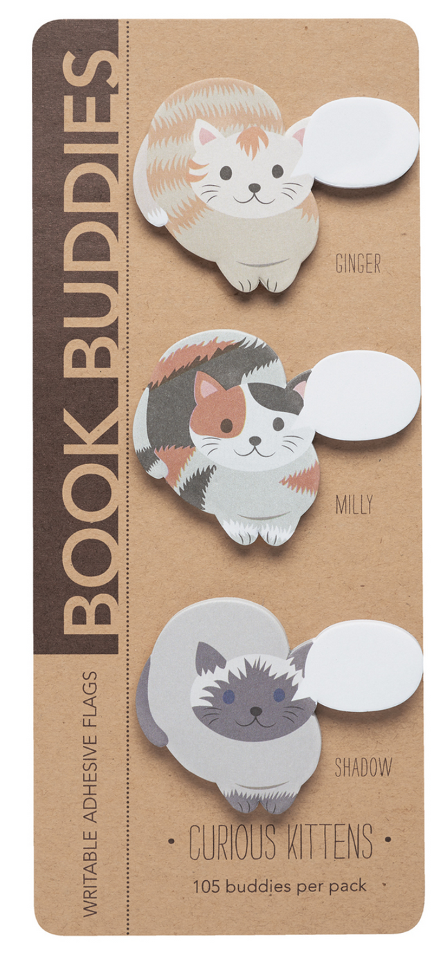 Book Buddies Labels | Curious Kittens with three cute kitten sticky notes named Ginger, Milly, and Shadow.
