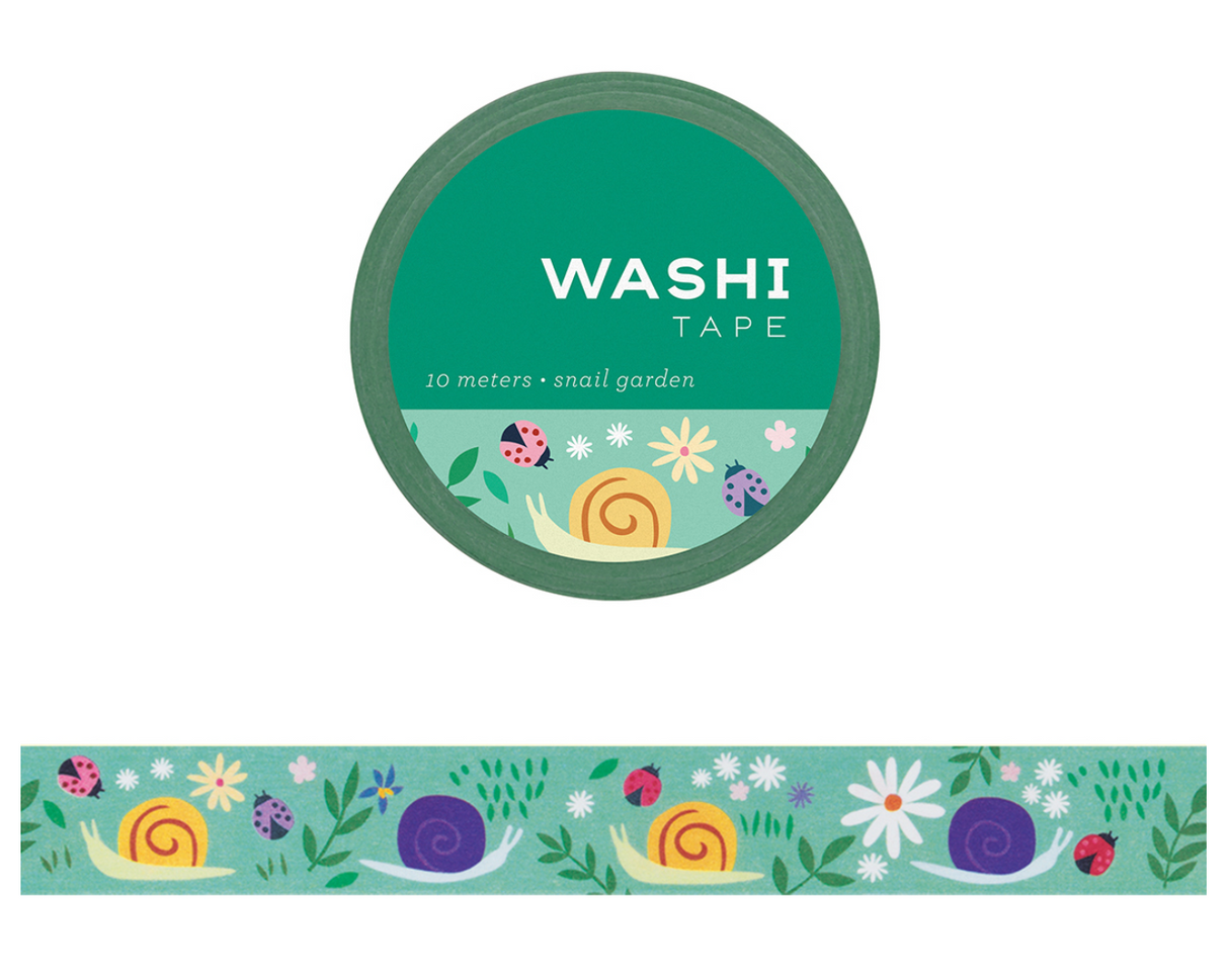 Washi Tape | Snail Garden featuring colorful snails, flowers, and ladybugs on a 10-meter decorative tape roll.