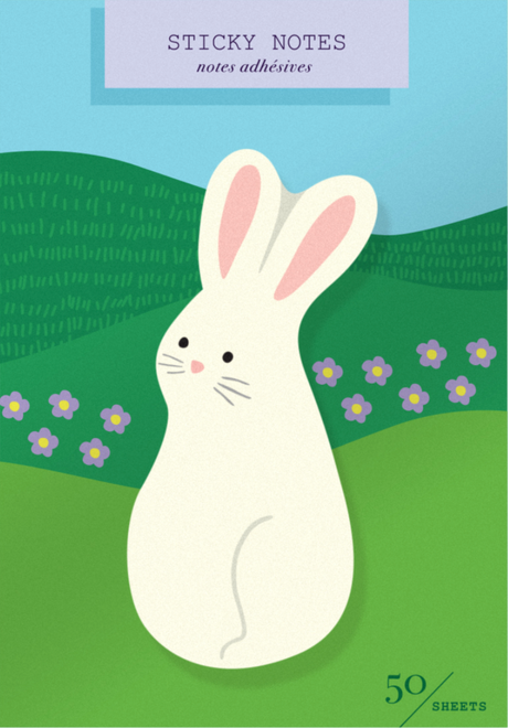 Sticky Notes | Bunny shaped sticky note pad with 50 sheets, featuring a cute white bunny design on a green floral background.