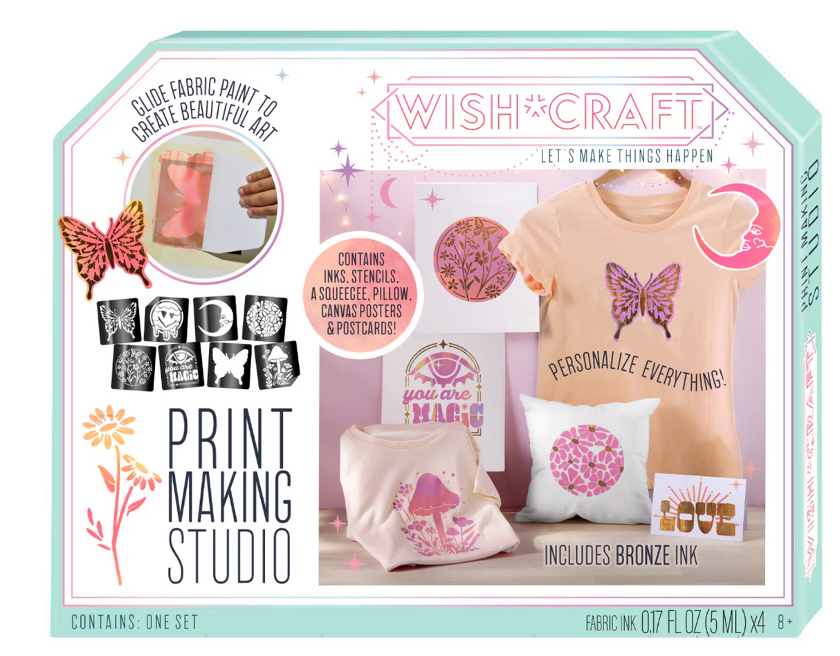 WishCraft Printmaking Studio with fabric paint, reusable stencils, pillow, and tote for custom wearable art and home decor.