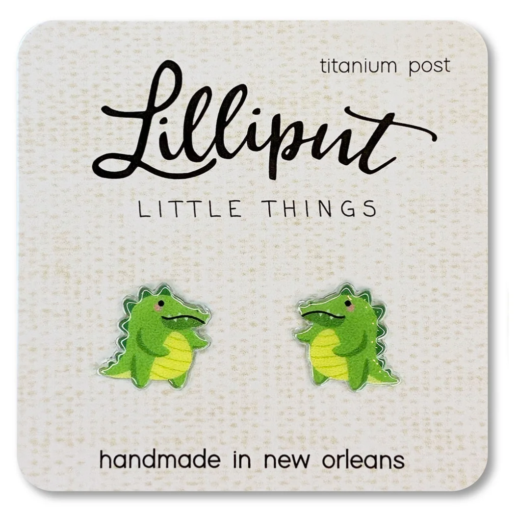 Alligator Earrings featuring chonky green alligator design with titanium posts, handmade in New Orleans, hypoallergenic and waterproof.
