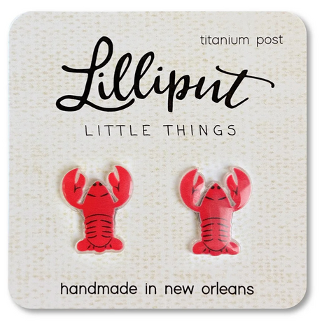Lobster Earrings with vibrant red acrylic design, titanium posts, and soft backs, handmade in New Orleans for sensitive ears.