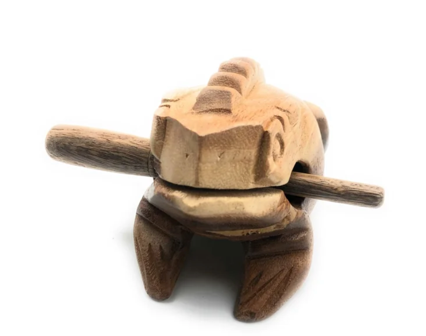 Wooden Croaking Frog | 4in Natural wooden musical percussion frog toy with striker for deep ribbbit sound.
