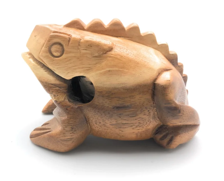 Wooden Croaking Frog | 4in Natural wooden percussion toy with clear wax finish and deep ribbbit sound handcrafted in Thailand.