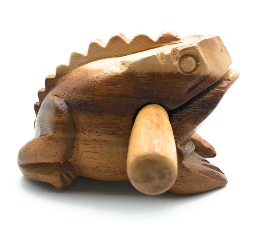 Wooden Croaking Frog | 4in Natural wooden musical percussion toy with clear wax finish and striker for ribbit sound.