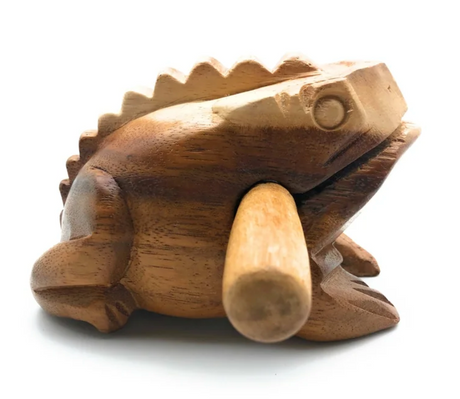 Wooden Croaking Frog | 4in Natural wooden musical percussion toy with clear wax finish and striker for ribbit sound.