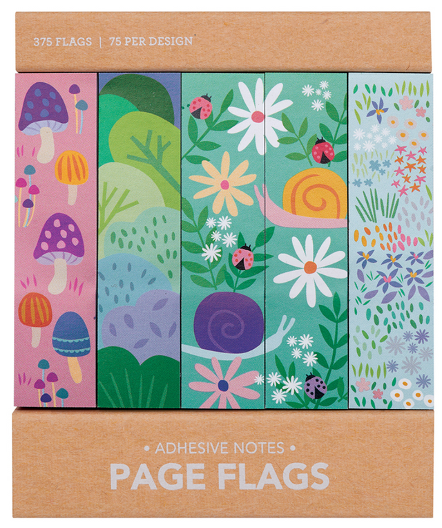 Page Flags | Little Garden featuring whimsical mushroom and garden designs with 375 adhesive flags, 75 per design.