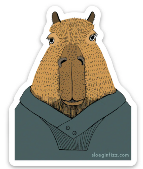 Bary the Capybara Sticker features a friendly illustrated capybara wearing a hoodie, perfect for cars or water bottles.