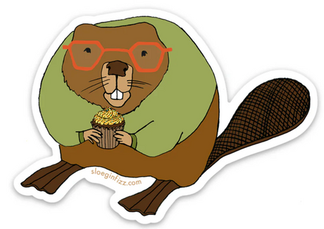 Beaver with Cupcake Sticker showing a beaver wearing red glasses holding a colorful sprinkle cupcake.