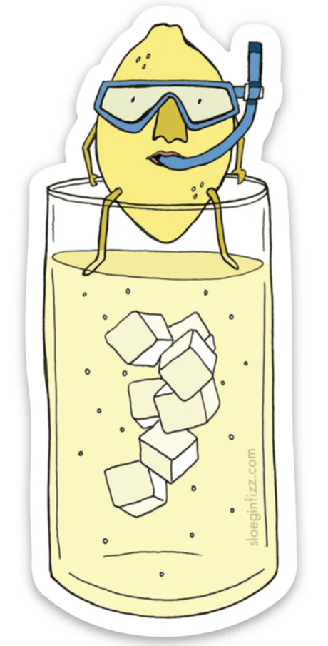 Lemons Make Lemonade Sticker" showing a lemon with snorkel sitting on a glass of lemonade with ice cubes.