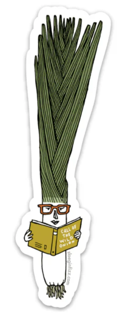Leek Reading a Book Sticker with illustrated vinyl leek wearing glasses and reading Call of the Wild Onion book.