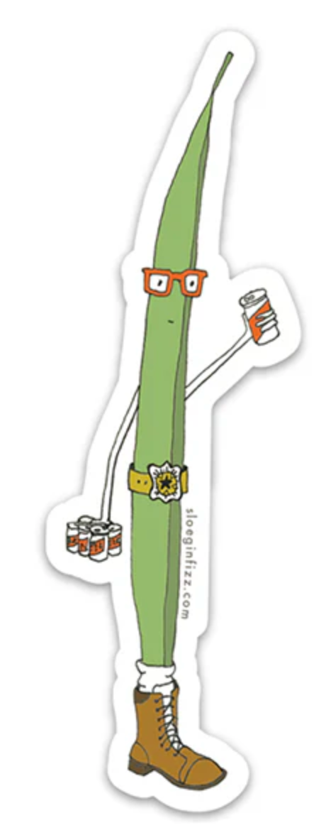 Bean with a Belt and Boot Sticker of a skinny green bean wearing glasses, a belt, and a boot holding beer cans.