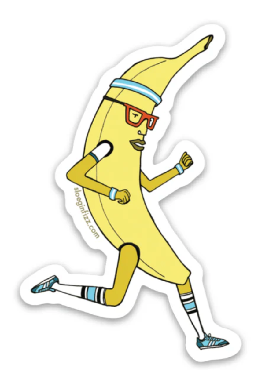 Banana Man on the Run Sticker features a running banana with glasses and sneakers, perfect for water bottles or notebooks.