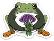 Toad with CROAKus Sticker showing a grumpy toad holding purple crocus flowers wearing orange shoes.