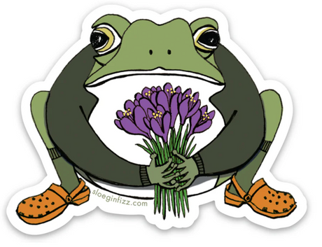 Toad with CROAKus Sticker showing a grumpy toad holding purple crocus flowers wearing orange shoes.