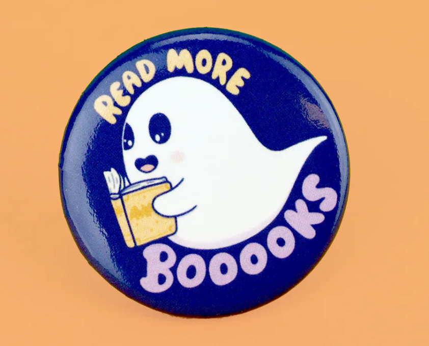 Read More Books Ghost Button showing a cute ghost reading a book on a 1.5-inch pinback button.