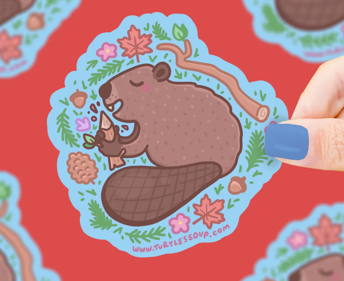 Forest Beaver Sticker showing a happy beaver with autumn leaves and nature-themed design, weatherproof and waterproof.
