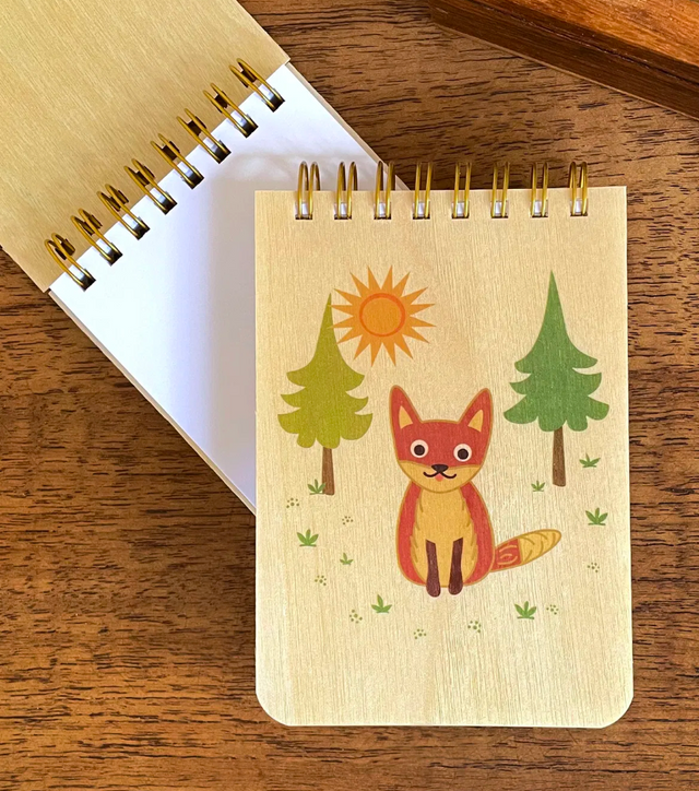 Mini Wood Notebook | Fox with eco-friendly birch cover, spiral binding, and blank pages for jotting on the go.