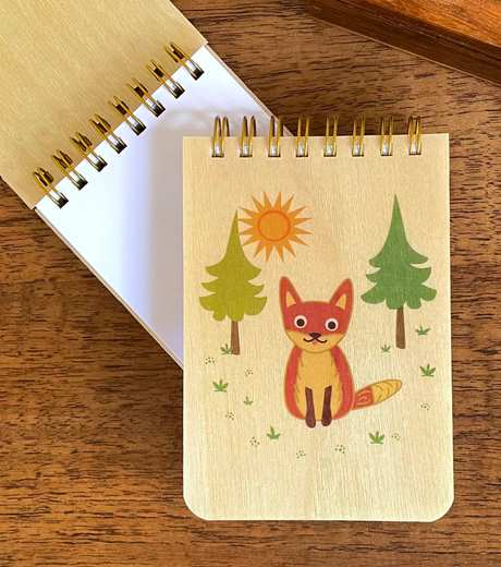 Mini Wood Notebook | Fox with eco-friendly birch cover, spiral binding, and blank pages for jotting on the go.