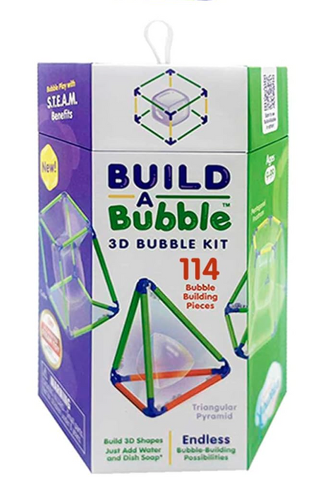 Build a Bubble 3D Bubble Kit packaging showing 114 bubble building pieces for making 3D geometric shapes.