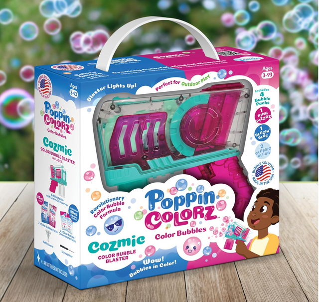 Poppincolorz Cozmic Color Bubble Blaster packaging showing colorful bubble gun toy for kids ages 3 to 93