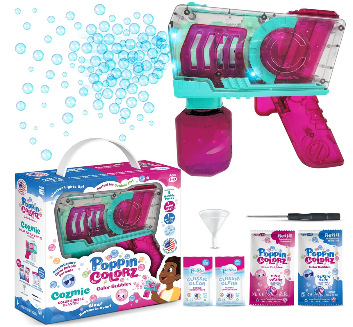 Poppincolorz Cozmic Color Bubble Blaster shooting glowing bubbles with refill packs and packaging shown.