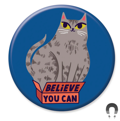 Believe You Can Cat Magnet featuring a gray cat sitting on a box with motivational text on a blue background.