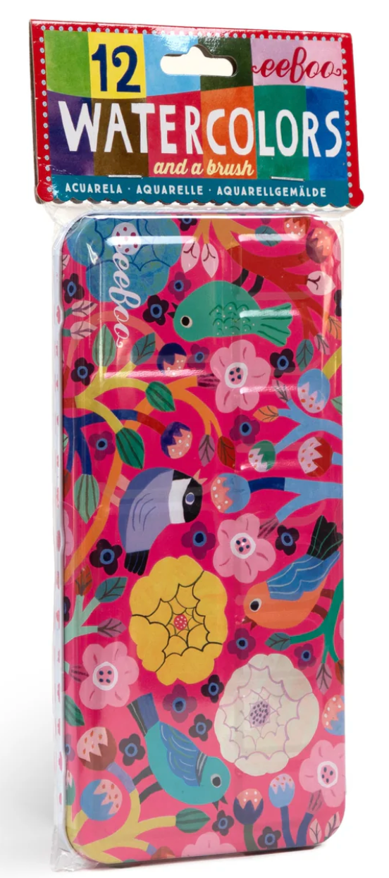 Watercolors Tin | Birds in Fuchsia featuring 12 bright watercolors and a brush in a colorful bird and floral tin design.